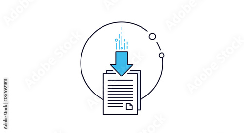 Digital document download icon featuring a blue arrow pointing to a file stack with data stream lines and circles.