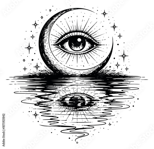 Hand drawn line art illustration of an all-seeing eye within a crescent moon depicting its reflection in rippling water for esoteric or spiritual design projects