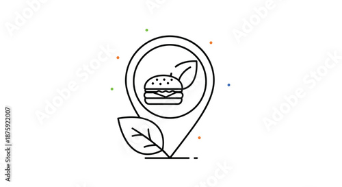 Veggie burger icon inside a location pin map marker with green leaves for healthy plant based food restaurant finder.