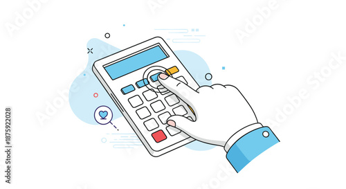 Human hand pressing a button on a desktop calculator for business accounting financial planning or math education.