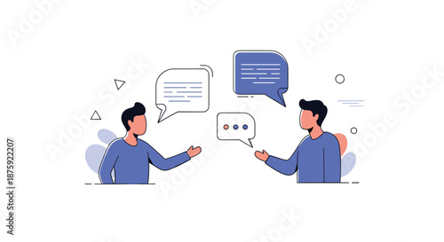 Two men having a conversation with various speech bubbles representing communication debate and idea exchange.