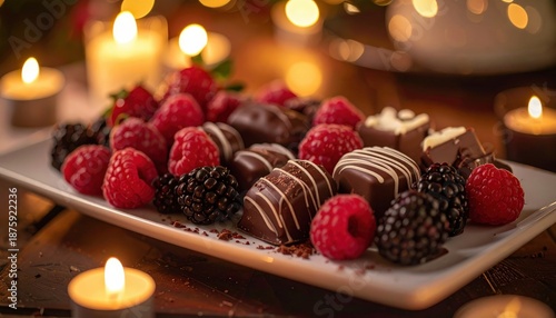 White plate topped with chocolate covered strawberries and rass on table with.