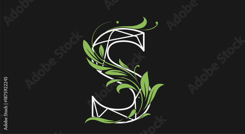 Stylized white letter s decorated with green floral leaves and geometric lines on a solid black background.