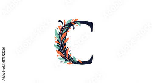 Decorative capital letter C adorned with stylized leaves and colorful floral elements on a clean white background for design.