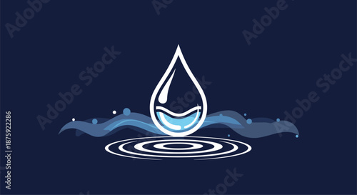 Stylized blue water drop icon with ripples and wave patterns on a dark navy background symbolizing hydration and purity.
