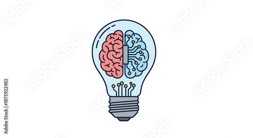 Conceptual illustration of a lightbulb containing a brain split between a human half and a digital circuit half for AI ideas.