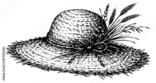Hand drawn line art illustration of a straw hat depicting a rustic summer style for seasonal designs