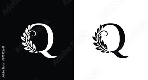 Sophisticated initial Q design featuring a detailed laurel wreath branch on its left side in black and white variations.
