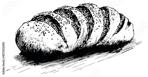Hand drawn line art illustration of a rustic bread loaf depicting sesame seeds for a bakery