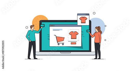 Digital marketing concept showing characters interacting with a giant laptop screen featuring an online clothing store.