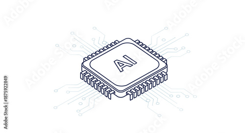 Isometric line drawing of a computer microchip with AI text representing artificial intelligence and advanced technology.