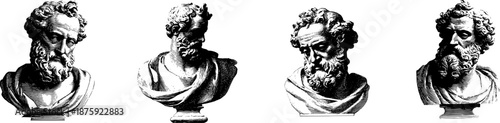 Ancient Philosopher Busts, greek statue,  Set of 4 vector Vintage Engravings antique illustration