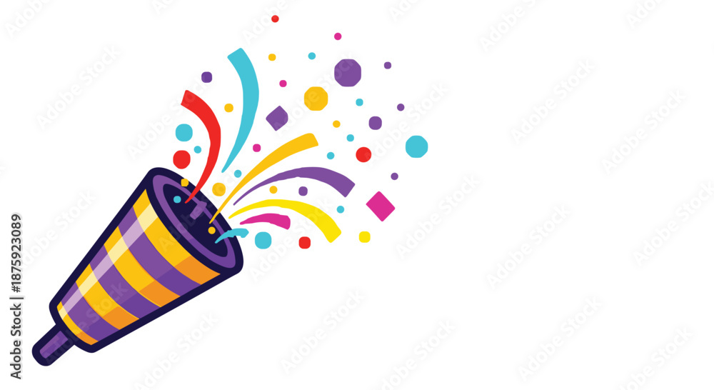 Obraz premium Celebration party popper exploding with colorful confetti and streamers on a white background for festive events.