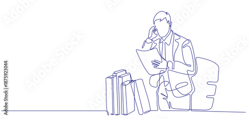 Businessman working with his laptop in the office - single line drawing