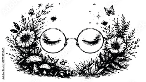 Hand drawn line art illustration of round glasses depicting closed eyes framed by nature for bohemian designs