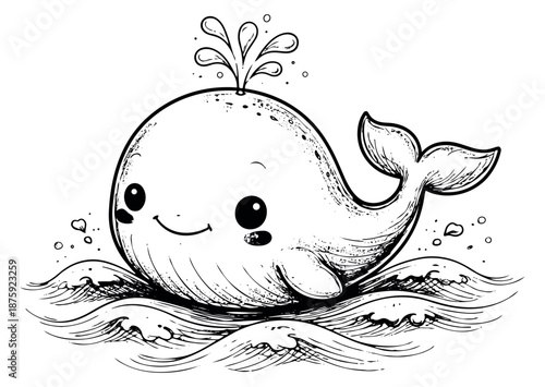 Cute hand drawn line art illustration of a whale depicting it smiling and spouting water for children's marine life projects