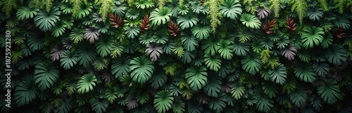 Dense jungle wall backdrop with varying green tropical leaves and red foliage. Rich natural pattern suggests exotic plant growth for backgrounds and designs.