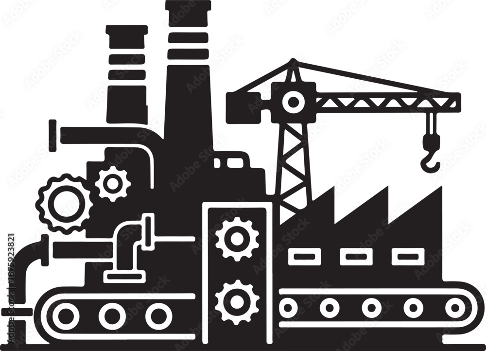 Naklejka premium Bold industrial machine silhouette representing manufacturing, factory equipment, and heavy industry
