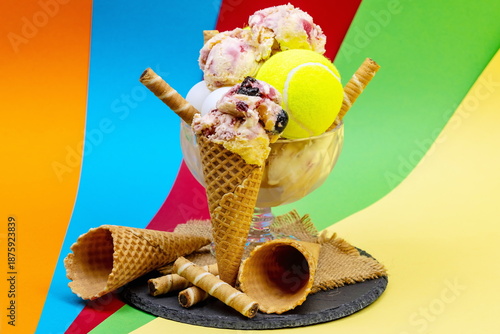 Coppa di gelato come trofeo dopo una partita di tennis con palline da ping pong su sfondo colorato