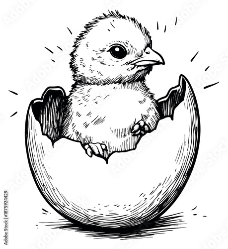 Hand drawn line art illustration of a chick depicting emerging from an eggshell for spring concepts