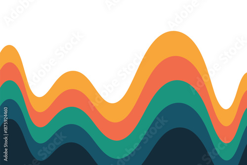 A vibrant and colorful wavy pattern with multiple layers of orange, green, blue, and yellow hues on a white background