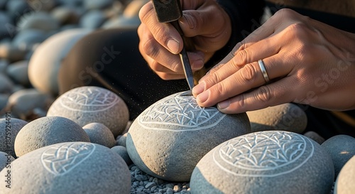 Creative stone carving artisan delicately etching decorative pattern outdoor