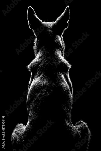 Dog silhouette in minimal engraving art symbolizing farewell with clean lines for memorial use displayed against a dark background © InfiniteStudio