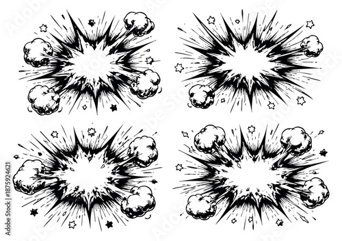 Hand drawn line art comic explosion set featuring smoke and stars for graphic design