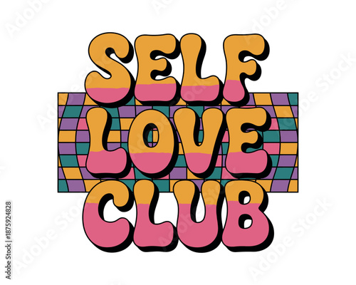 A colorful graphic illustration of the words 'Self Love Club' in a playful, bubbly font with a checkered background.