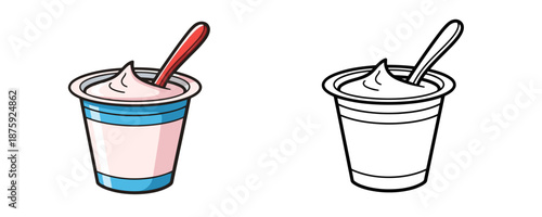 Yogurt plastic cup with red spoon in cartoon style blue and white colors healthy dairy snack or breakfast product isolated on white background