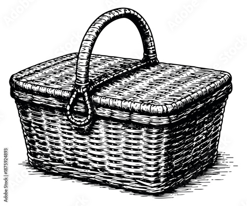 Hand drawn line art illustration of a picnic basket depicting a classic wicker design for outdoor picnics and summer activities