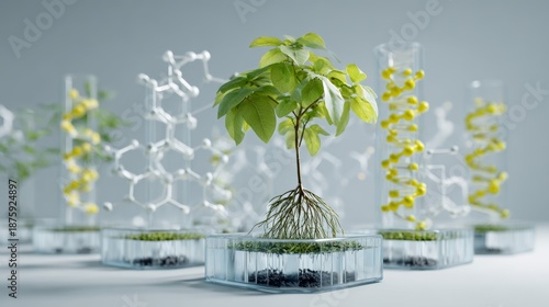 Exploring DNA and gene therapy impacts in plant biology in a laboratory setting with various models on a white background