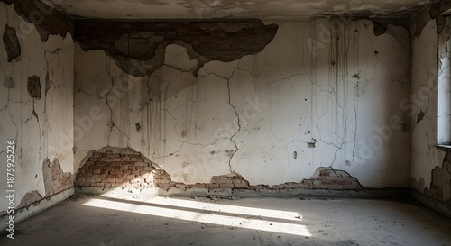 Dilapidated interior space with weathered walls and bright sunlight streams