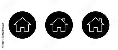 Home and house outline icon set in black circle. Real estate, residence, and property symbol