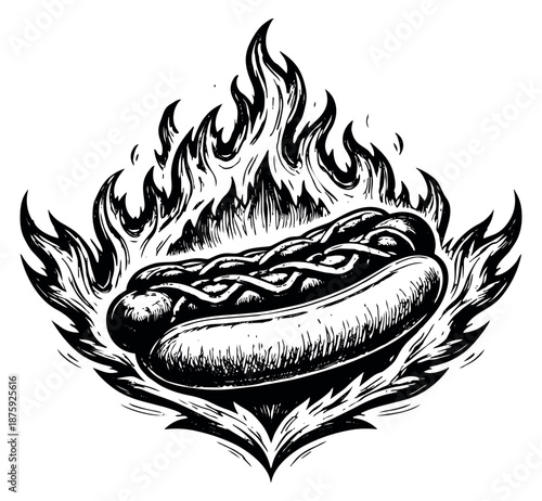 Hand drawn line art illustration of a hot dog depicting it surrounded by flames for a fast food promotion