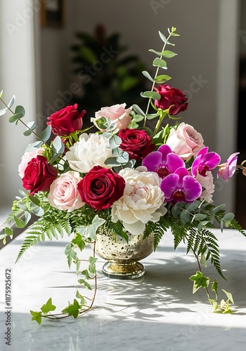 Elegant Floral Arrangement with Red Roses, Orchids, and Peonies