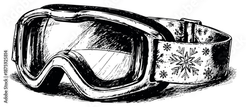 Hand drawn line art illustration of a ski goggle depicting a strap with snowflakes for winter sports