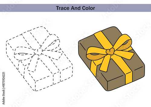 Trace and colour worksheet with a gift box and ribbon. Educational vector illustration for kids to practise fine motor skills, drawing and colouring. Preschool activity page.