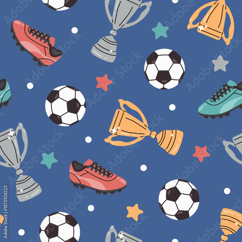 Seamless vector pattern with footballs, soccer boots and trophies on blue background. Cartoon sports illustration for kids, textiles, wrapping paper, wallpapers and team designs.