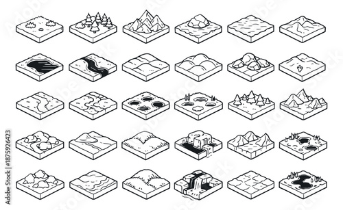 Hand drawn isometric line art terrain tiles set featuring various natural landscapes for game design