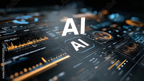 A digital interface with the text AI prominently displayed, surrounded by graphs and analytics, emphasizing its use in data visualization.