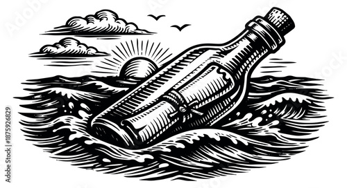 Line art illustration of a message in a bottle depicting it floating on the ocean for communication and discovery
