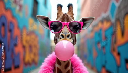 Giraffe wears pink fur coat and sunglasses blowing pink bubblegum bubble in colorful graffiti alley. Animal has fun, cool attitude, fashion style, playful, whimsical mood.