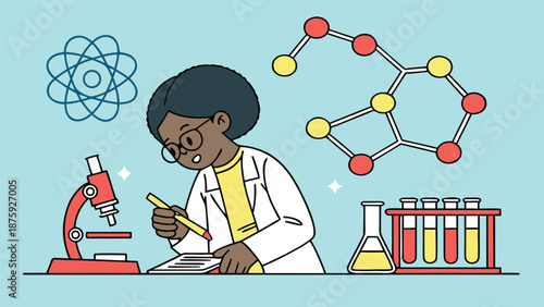 Young Scientist at Work: A diligent young scientist, engrossed in her research, meticulously examines samples under a microscope. Her focused expression, accompanied by scientific illustrations.