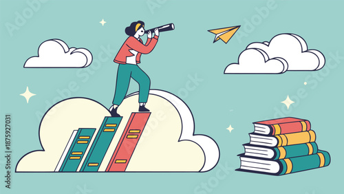Visionary's Ascent: An illustration captures a figure using a telescope atop stacked books, amidst clouds and a paper airplane, symbolizing learning and ambition. 
