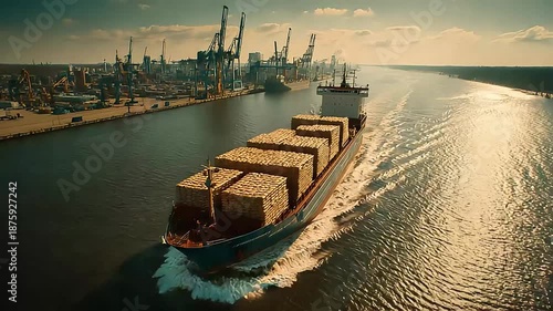 A dry cargo ship, laden with burlap grain sacks and bulk fertilizer bags, is guided by tugboats as it nears the port.