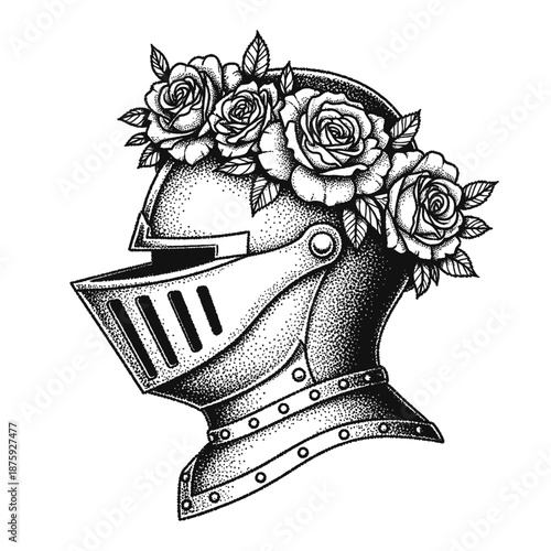medieval knight's helmet wearing floral crown in vintage halftone stipple effect illustration