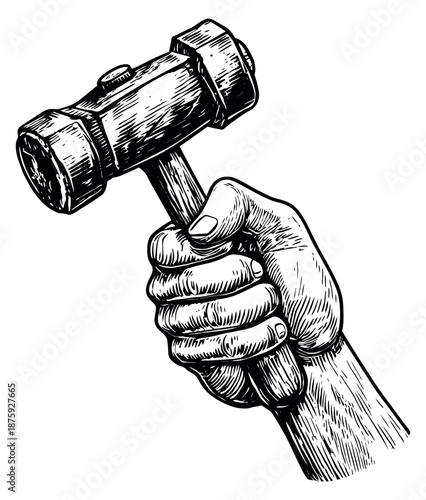 Vintage style hand drawn line art illustration of a hand holding a hammer depicting a firm grip on a work tool for construction, DIY, or repair concepts