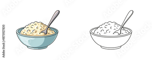 Cottage cheese in blue bowl with spoon in cartoon style white and blue colors healthy breakfast or organic dairy product isolated on white background