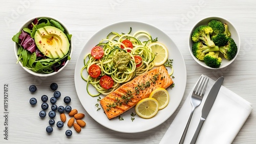 Elegant arrangement of nutritious balanced meal components on light surface